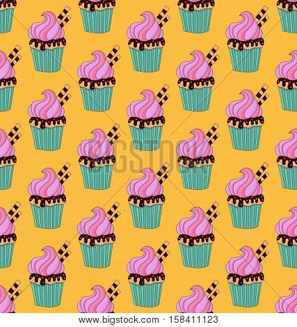 Cute sweet yammi cupcakes muffins doodles seamless vector pattern
