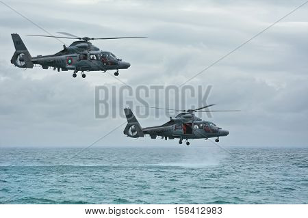 VARNA BULGARIA - November 09 2016: Eurocopter AS565 Panther during an Exercise in the Bay of the Black Sea