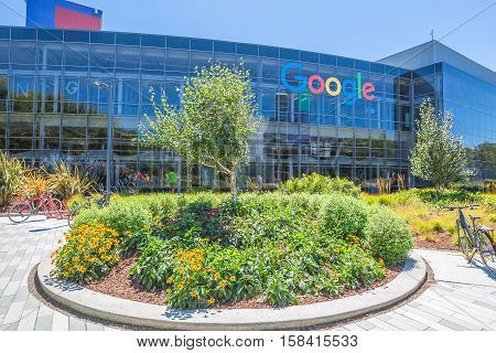 Mountain View, California, USA - August 15, 2016: Exterior view of a Google headquarters building. Google is specializing in Internet services
