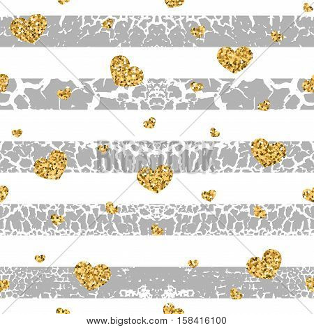 Gold grunge hearts craquelure stripes seamless pattern. Golden glitter confetti. White and gray background. Love Valentine day wedding design card wallpaper wrapping textile Vector Illustration