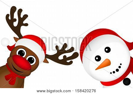 Snowman and Reindeer peeking sideways on a white background vector