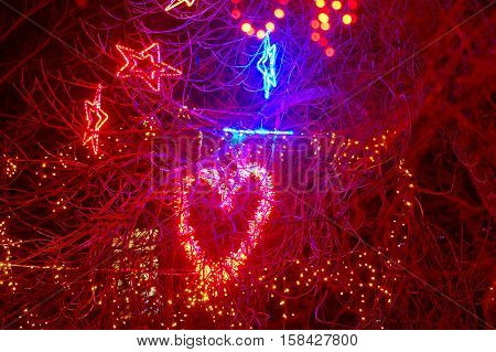 New Year decorated tree in a park. Beautiful holiday illumination close up