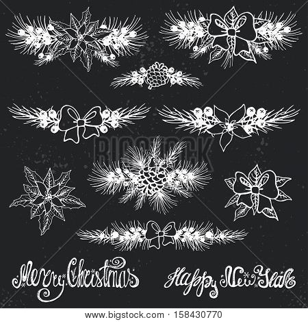 Merry Christmas and new year borders decoation set.Spruce fir tree branches, Poinsettia flowers, pine cones, berries, holly, ribbons with lettering, holiday composition.Vector Illustration.Chalkboard