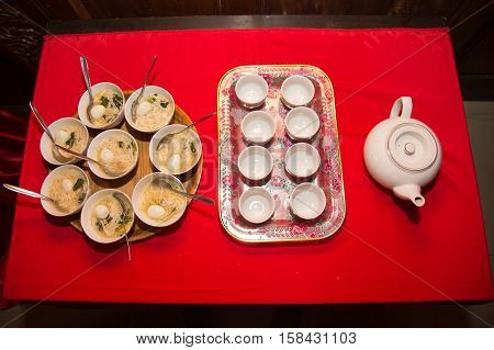 Marriage engagement proposal misua with egg and angco tea. Wedding, tingfen, tingjing.