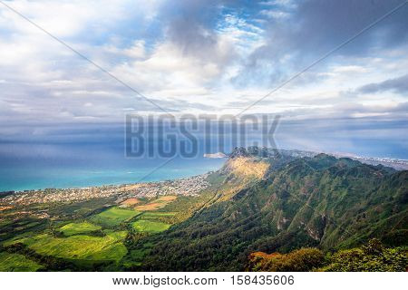 View of south shore of Oahu on a cloudy day from top of Kuliouou Ridge