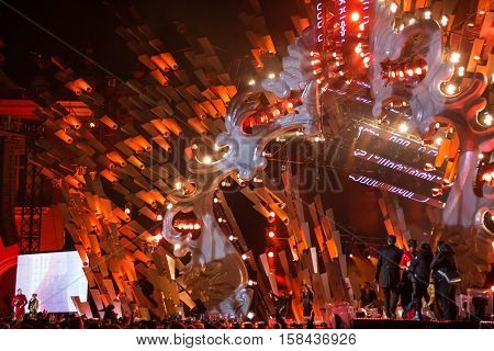 POLAND KRAKOW - JANUARY 01 2015: Celebrating the New Year 2015. People watch the festive show on the Main Market Square in historical center of Krakow.