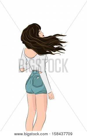 Vector girls wind blown hair illustration. Pretty woman in crop top and jeans shorts with blown hairdress. Modern fashion clipart