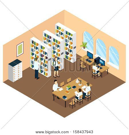 Student library isometric design with children bookcases and computers in beige room with arcged windows vector illustration