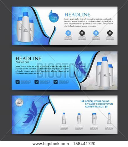 Cosmetics Banner designTemplate vector, horizontal banner, blue banner,  brochure flyer design, advertisement layout