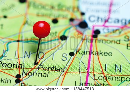 Pontiac pinned on a map of Illinois, USA