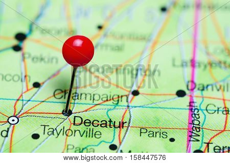 Decatur pinned on a map of Illinois, USA