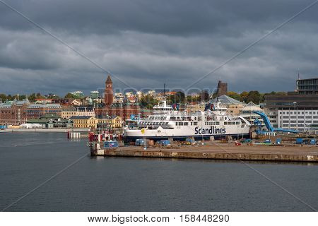 Helsingbog, Sweden - October 9, 2016: view of the city and the port on board the ferry to sail to Denmark. The passenger ferry prepares to leave in flight.