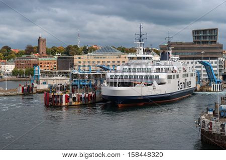 Helsingbog, Sweden - October 9, 2016: view of the city and the port on board the ferry to sail to Denmark. The passenger ferry prepares to leave in flight.