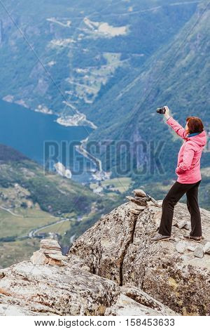 Tourist Taking Photo From Dalsnibba Viewpoint Norway