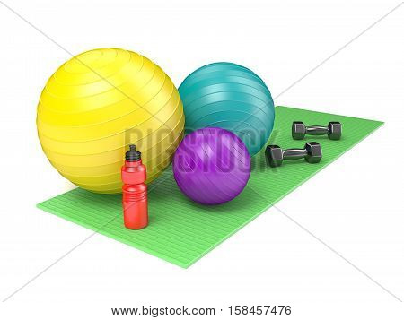 Fitness ball dumbbells and plastic water bottle on green yoga mat. Side view. 3D render illustration isolated on white background