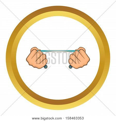 Rope in hands vector icon in golden circle, cartoon style isolated on white background