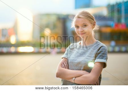Girl Walking At La Defense In Paris