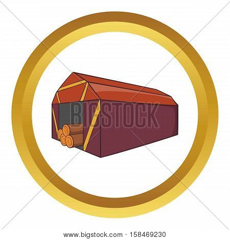 Shed vector icon in golden circle, cartoon style isolated on white background