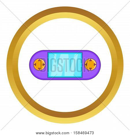Portable game console vector icon in golden circle, cartoon style isolated on white background