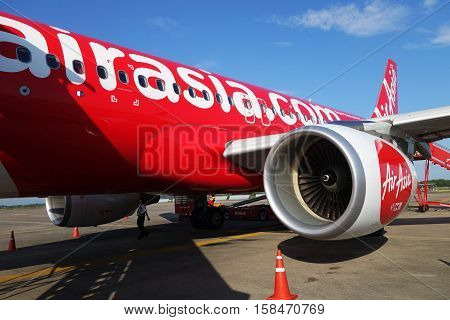 Close-up On Thai Air Asia Engine At Utapao International Airport Thailand.