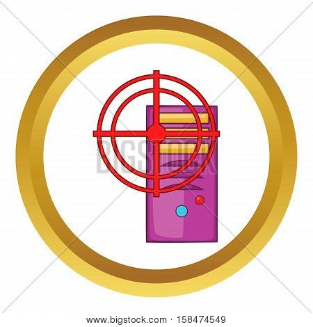 Computer system with red target vector icon in golden circle, cartoon style isolated on white background