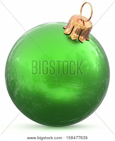 Christmas ball bauble New Year's Eve green decoration hanging sphere shiny wintertime adornment souvenir. Traditional ornament happy winter holidays Merry Xmas symbol closeup. 3d illustration isolated