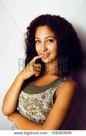 young pretty taned girl close up portrait smiling confident brunette warm, lifestyle people concept close up