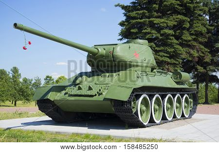 SAINT PETERSBURG, RUSSIA - JUNE 29, 2015: Tank T34-85, mounted on the memorial 