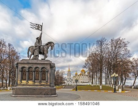 Vladimir, Russia - November 05.2015. The monument to St. Prince Vladimir and Fedor against the background of the Assumption Cathedral