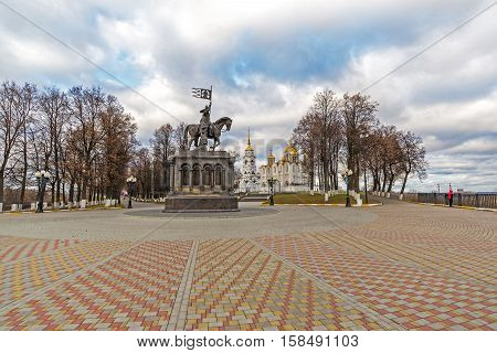 Vladimir, Russia - November 05.2015. The monument to St. Prince Vladimir and Fedor against the background of the Assumption Cathedral