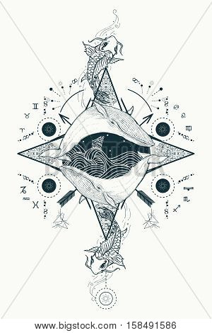 Two whales in sea wind rose compass mystical tattoo vector. Japanese carp in water tattoo. Travel adventure outdoors tattoo symbol. Whale tattoo for hipsters travelers. Storm at sea marine tattoo