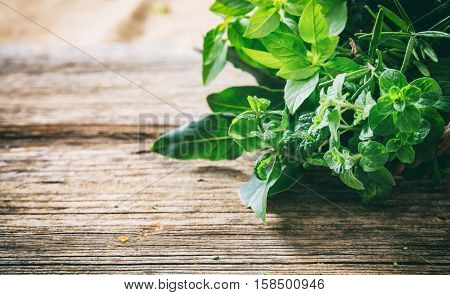 Variety Of Herbs On Wooden Background