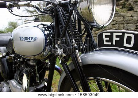 Triumph Tiger 1939 500cc Motorcycle. Photographed at Coleford Carnival of Transport, England. 12th April 2009. (close up front offside top quarter)
