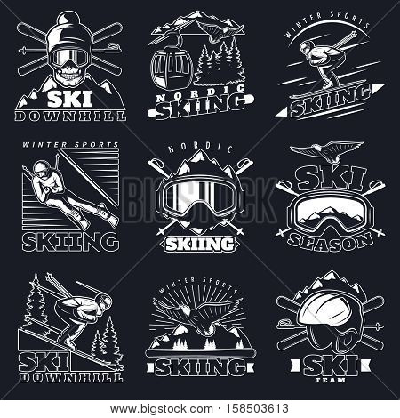 Isolated monochrome emblems set with mountain ski vintage symbols decorative elements white on dark background flat vector illustration