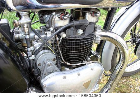 Triumph Tiger 1939 500cc Motorcycle. Photographed at Coleford Carnival of Transport, England. 12th April 2009. (full engine shot offside)