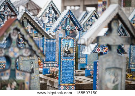 Sapanta Romania - November 17 2016: Image of the graveyard in Sapanta Romania called 