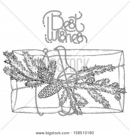 Gift package made of craft paper with coniferous decorations. Pine tree branches and cones. Christmas vector design isolated on white background. Coloring book page design for adults and kids.