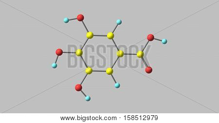 Gallic acid is a trihydroxybenzoic acid a type of phenolic acid found in gallnuts sumac witch hazel tea leaves oak bark and other plants. 3d illustration