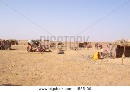 Gitans Camp med indier bemannar, Jaisalmer öknen, Indien