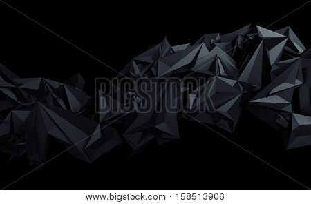 Abstract 3d rendering of triangulated surface. Contemporary background of futuristic polygonal shape. Distorted low poly backdrop with sharp edges.