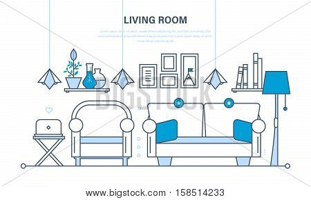 The comfortable living room, a room for reception of guest, home furnishings and comfortable interior, the furniture, decor items. Illustration thin line design of vector infographics elements.