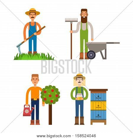 Farmers and gardeners flat agriculture icons set isolated vector. Organic person man farmers agriculture, food cultivated. Country agricultural countryside farmers rural healthy field male.