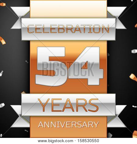 Fifty four years anniversary celebration golden and silver background. Anniversary ribbon