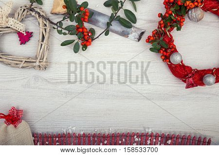 Christmas background on wooden table and copy space