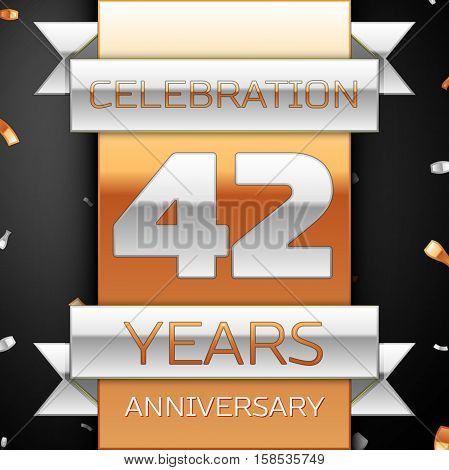 Forty two years anniversary celebration golden and silver background. Anniversary ribbon