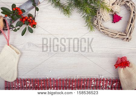 Christmas background on wooden table and copy space
