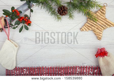 Christmas background on wooden table and copy space