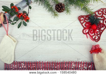 Christmas background on wooden table and copy space