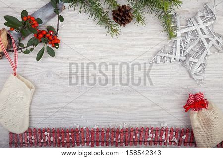 Christmas background on wooden table and copy space