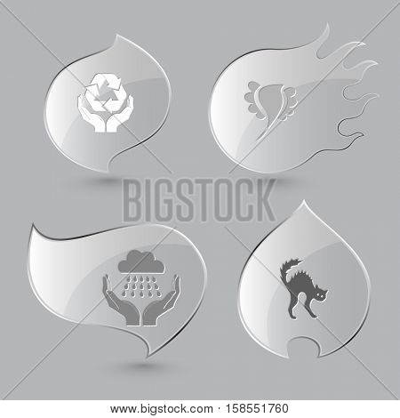 4 images: protection nature, bird, weather in hands, cat. Nature set. Glass buttons on gray background. Fire theme. Vector icons.